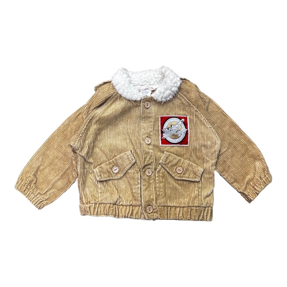 Vintage Toddler Corduroy Bomber Jacket Tan Faux Shearling Airplane Patch 18M